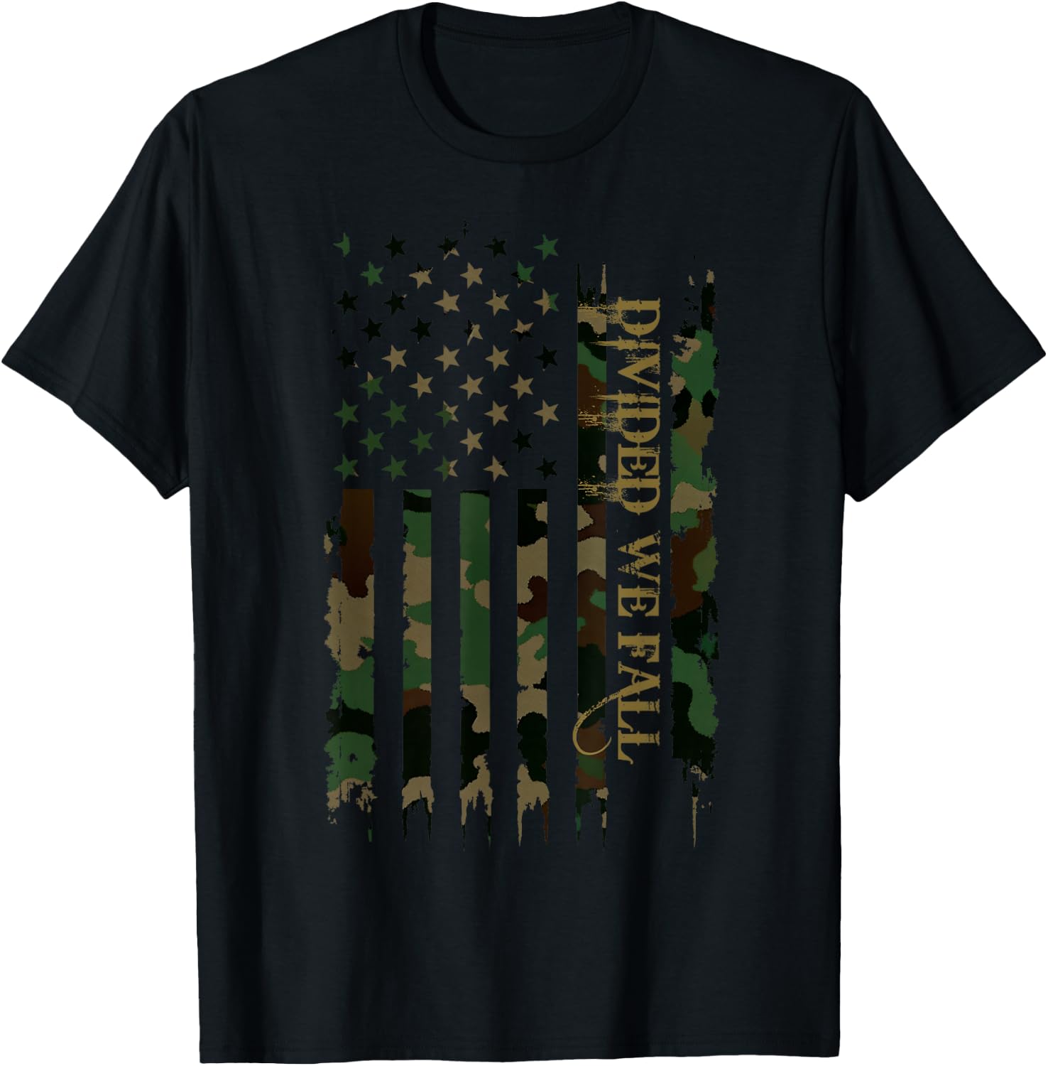 Divided We Fall United States Distressed Camo w US Flag T-Shirt - T-Shirt | Black
