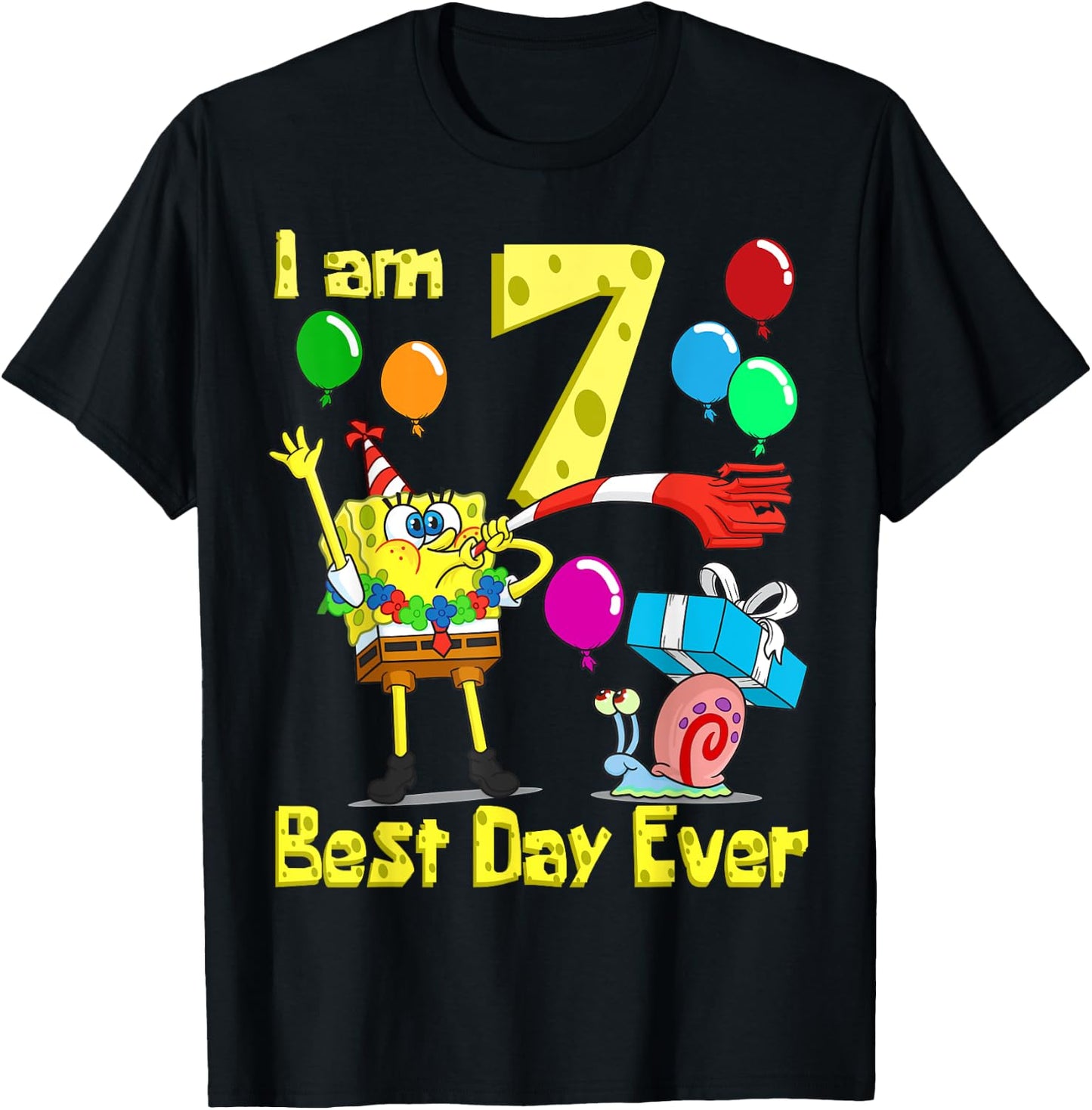 Mademark x SpongeBob SquarePants - SpongeBob I am 7 Years Old Birthday Party T-Shirt - T-Shirt | Black