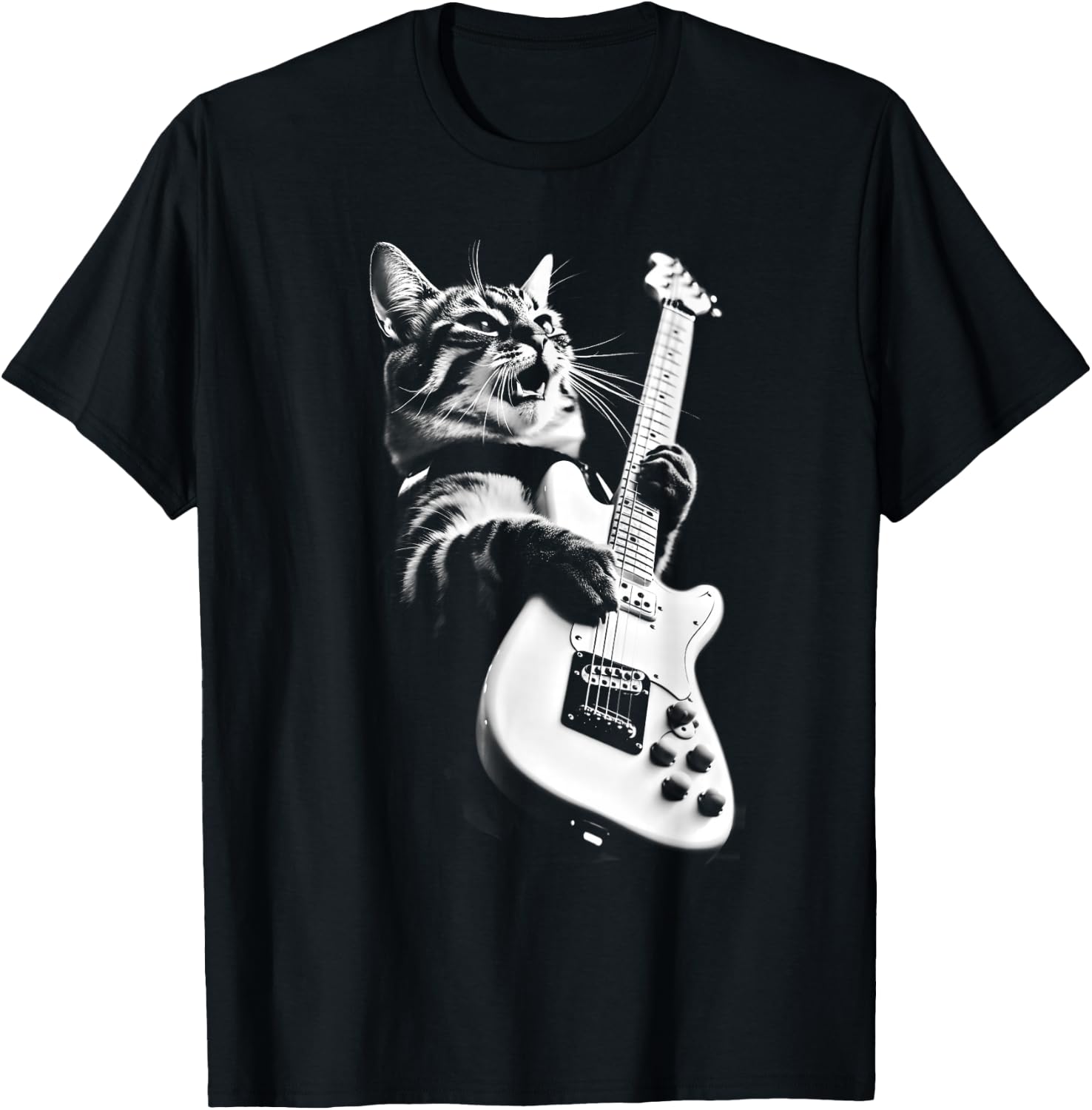 Rock Cat Playing Guitar - Funny Guitar Cat T-Shirt - T-Shirt | Black
