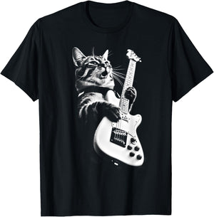 Rock Cat Playing Guitar - Funny Guitar Cat T-Shirt - T-Shirt | Black