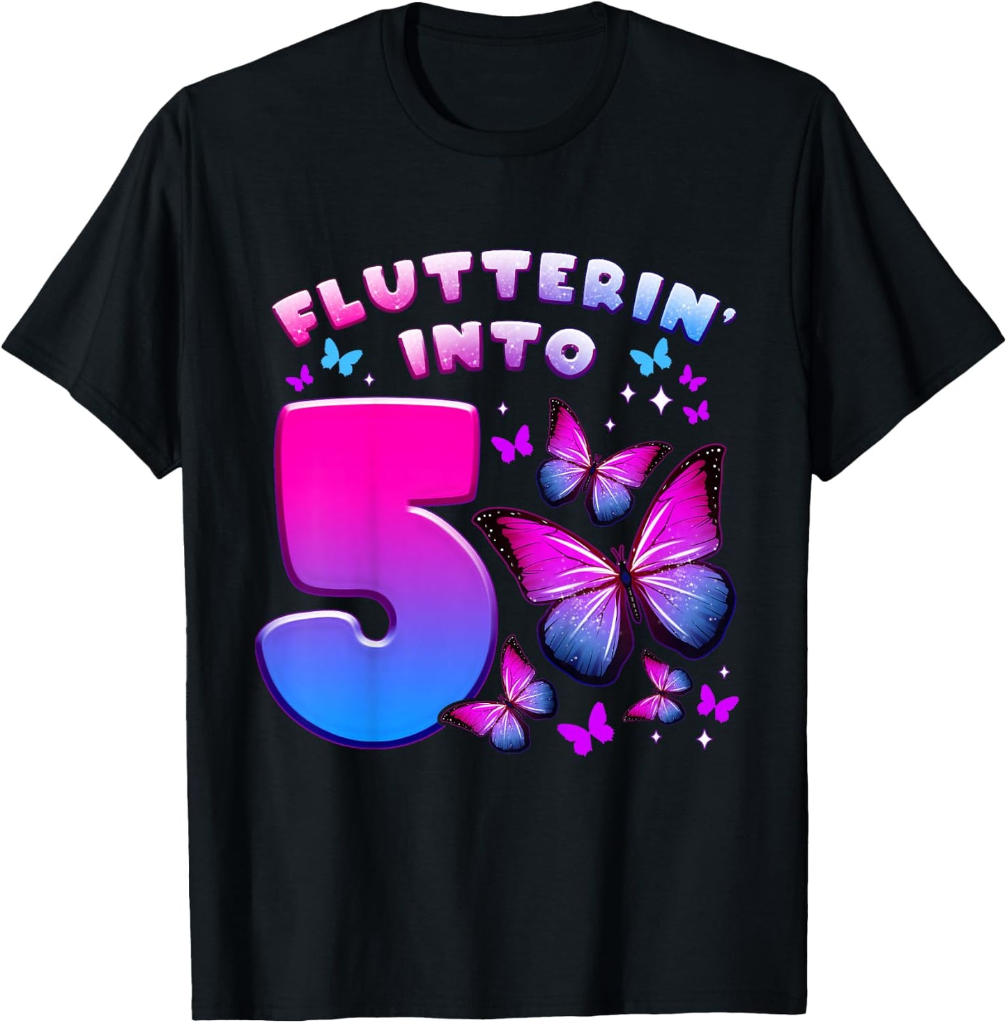 Birthday Girl 5 Years Old Butterfly Number 5 T-Shirt - T-Shirt | Black