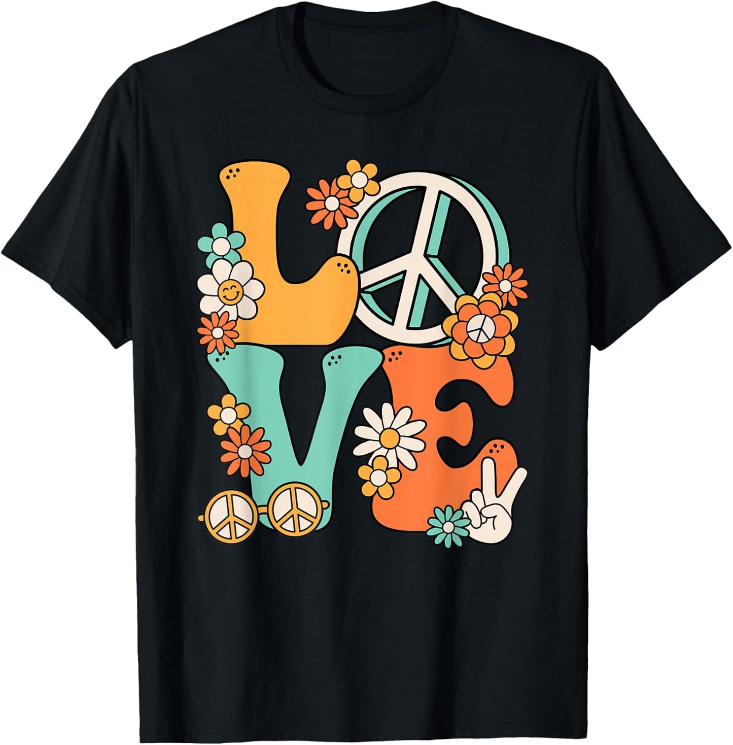 60s 70s Hippie Love Peace Groovy Party Outfit Retro , black T-Shirt - T-Shirt | Black