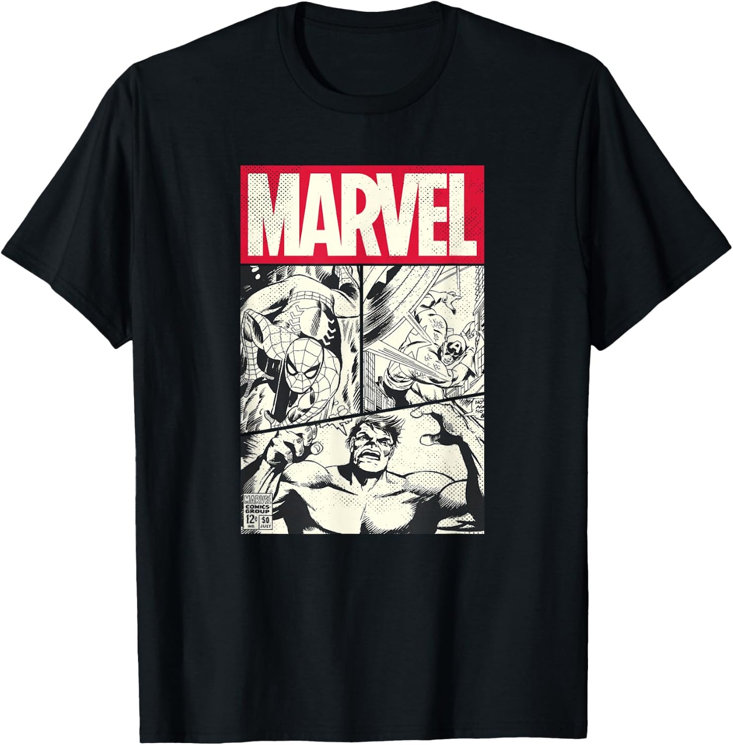 Marvel Comic Cover With Spider-Man, Captain America, Hulk , Black, S T-Shirt - T-Shirt | Black