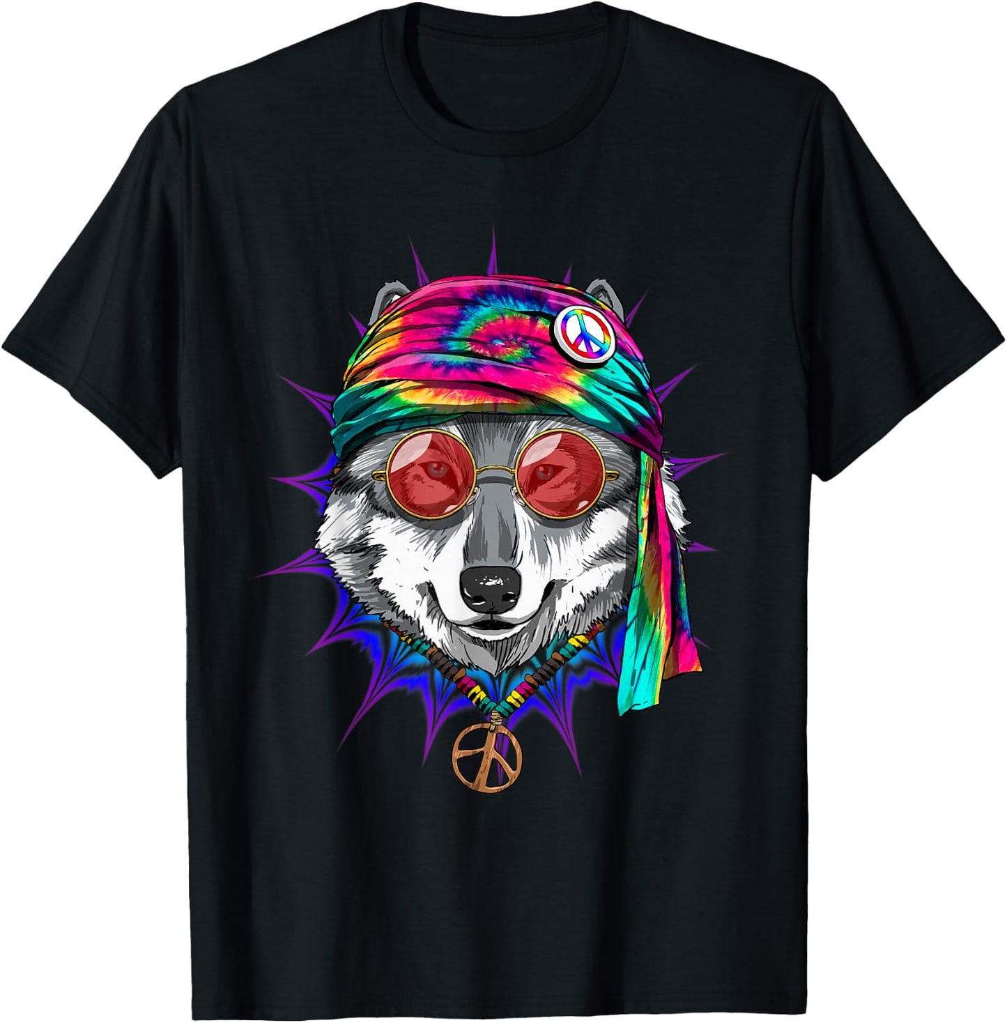 Tie Dye Hippie Wolf Hippiness Peace Love Wolf T-Shirt - T-Shirt | Black