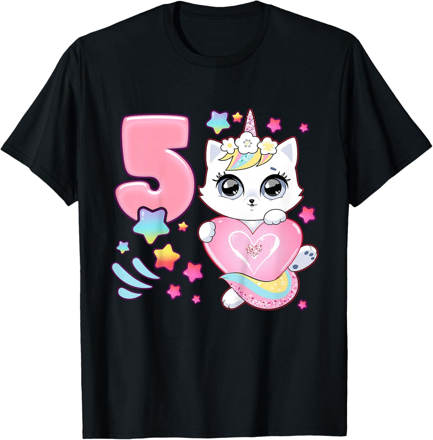 Birthday girl 5 years old, cat, unicorn, 5th birthday T-Shirt - T-Shirt | Black