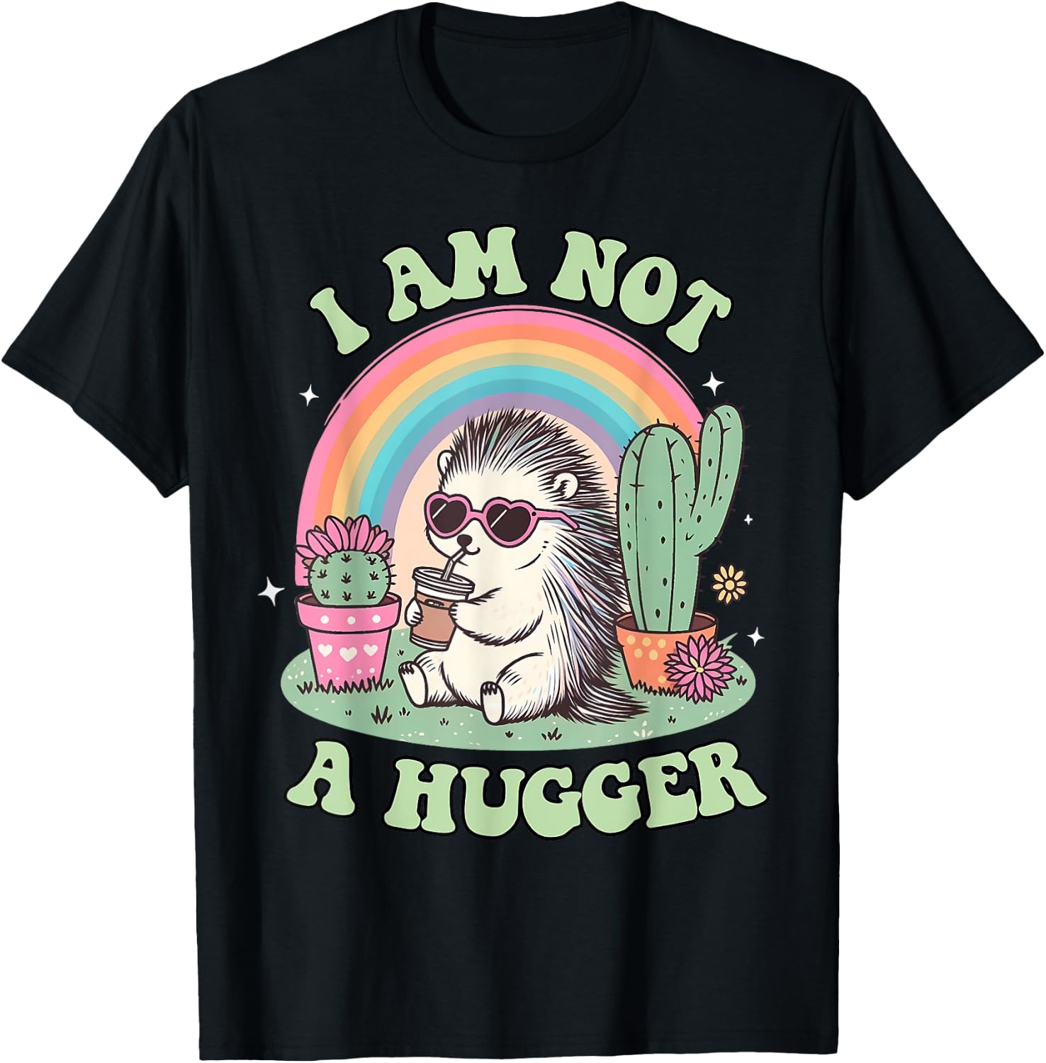 I Am Not A Hugger Funny Cactus Avoid Hugs Hedgehog Anxiety T-Shirt - T-Shirt | Black