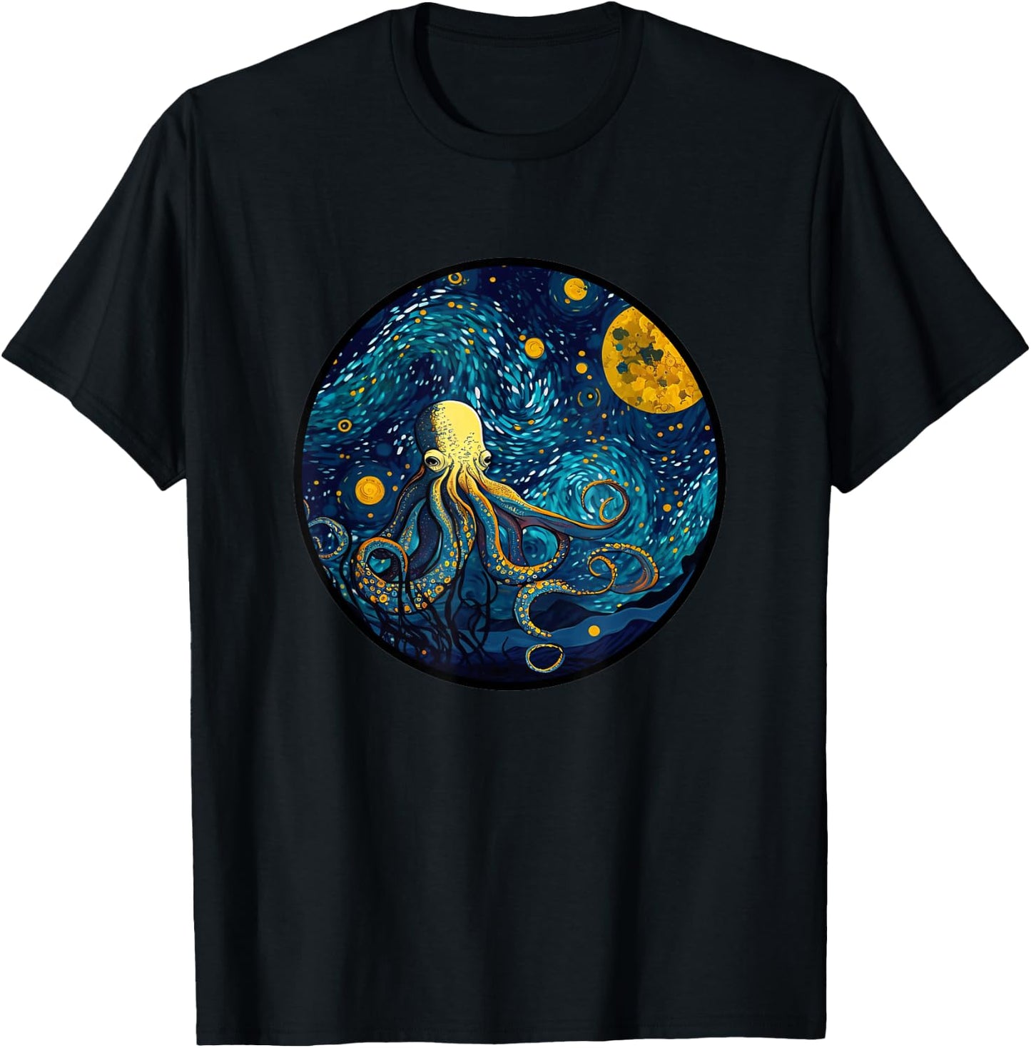 Octopus in Starry Night Painting Men Women Kids T-Shirt - T-Shirt | Black