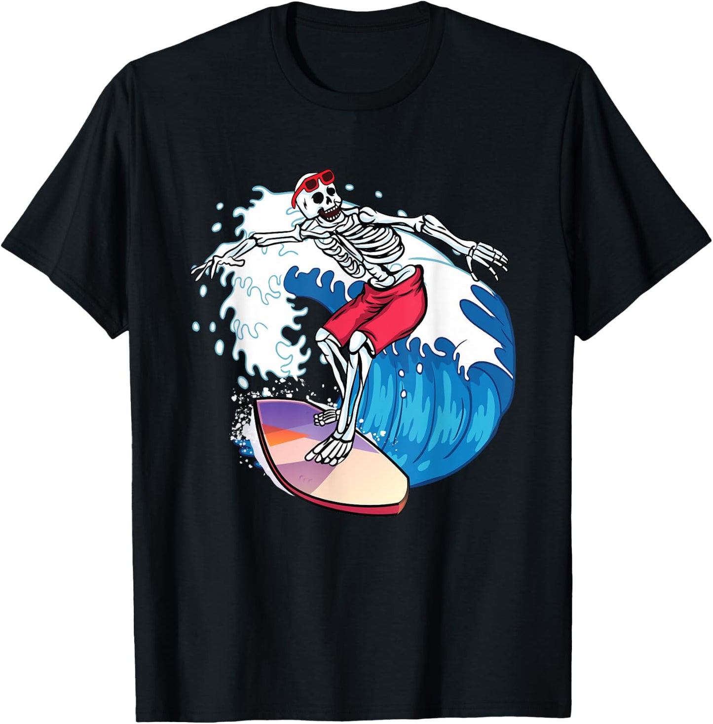 Surfer Skeleton Surfboard Surfing Dude Cool Novelty Graphic T-Shirt - T-Shirt | Black