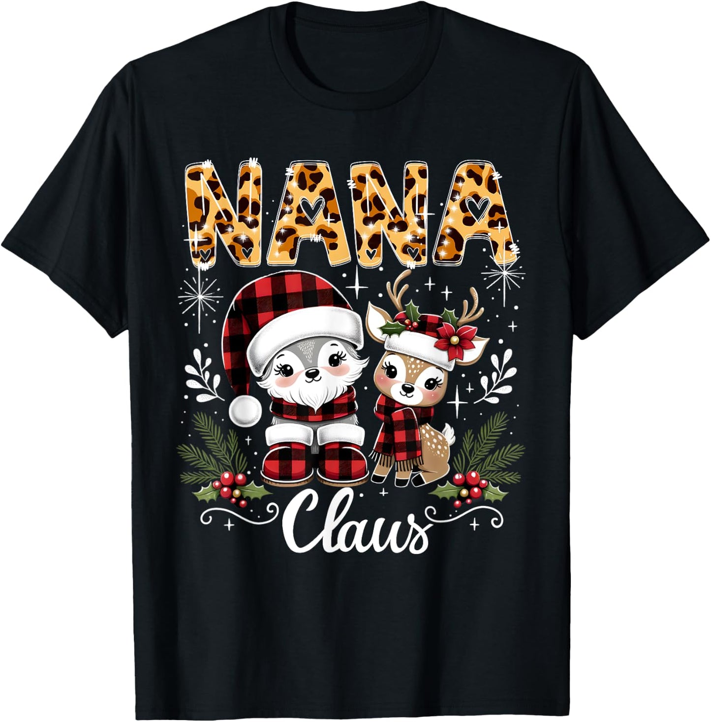 Christmas Nana Claus Grandma Leopard Buffalo Plaid Pjs Xmas T-Shirt - T-Shirt | Black