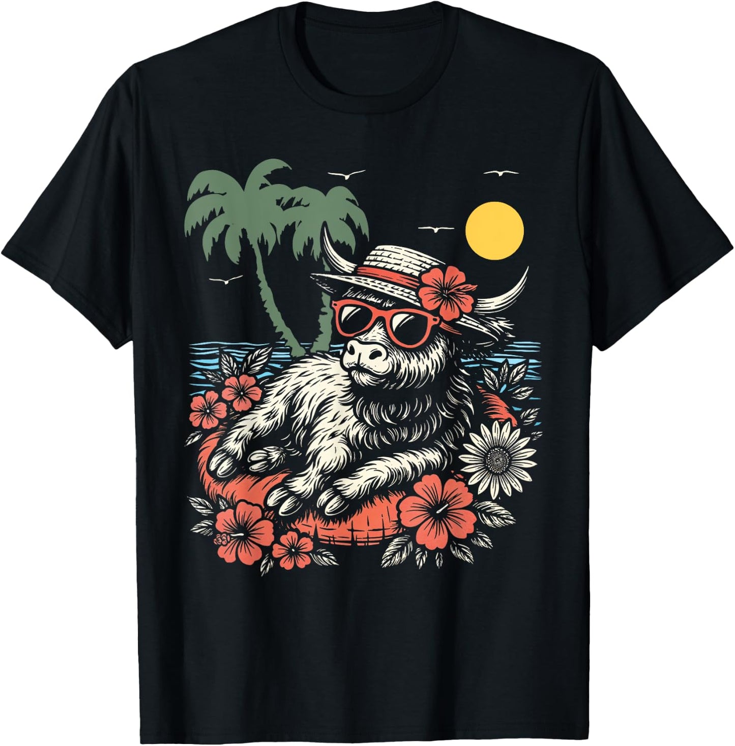 Cute Cow Beach Floatie Highland Cattle Summer Vibes T-Shirt - T-Shirt | Black