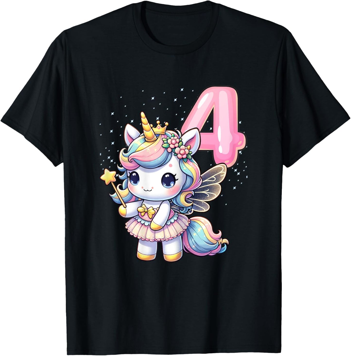 Unicorn Fairy 4th Birthday 4 Year Old Party Girls Outfit T-Shirt - T-Shirt | Black