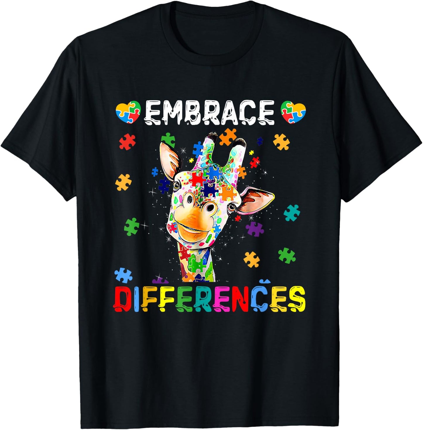 Giraffe Embrace Differences Puzzle Pieces Autism Awareness T-Shirt - T-Shirt | Black