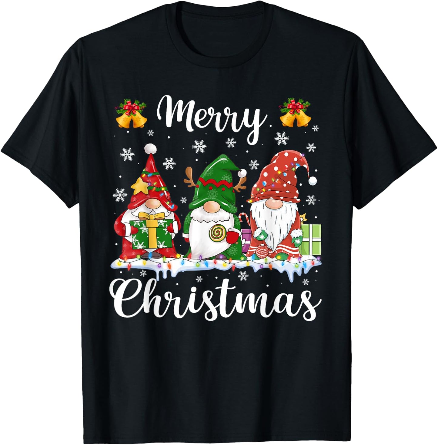 Merry Christmas Light Cute Gnomes Family Gnome Xmas Matching T-Shirt - T-Shirt | Black
