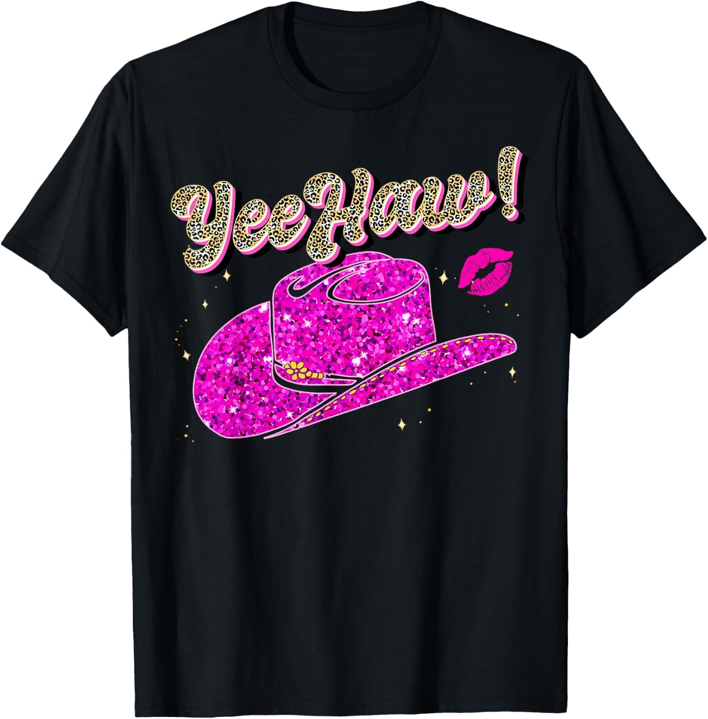 Yee Haw Howdy Pink Cowgirl Leopard Hat Yeehaw Women Girls T-Shirt - T-Shirt | Black