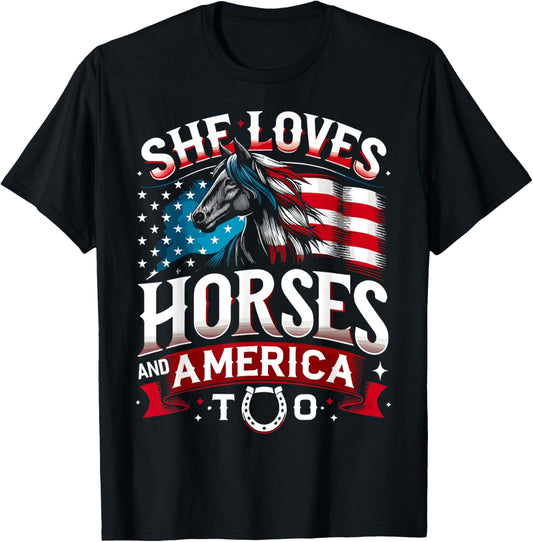 She Loves Horses And America Too Horse Shirt 4th of July T-Shirt - T-Shirt | Black