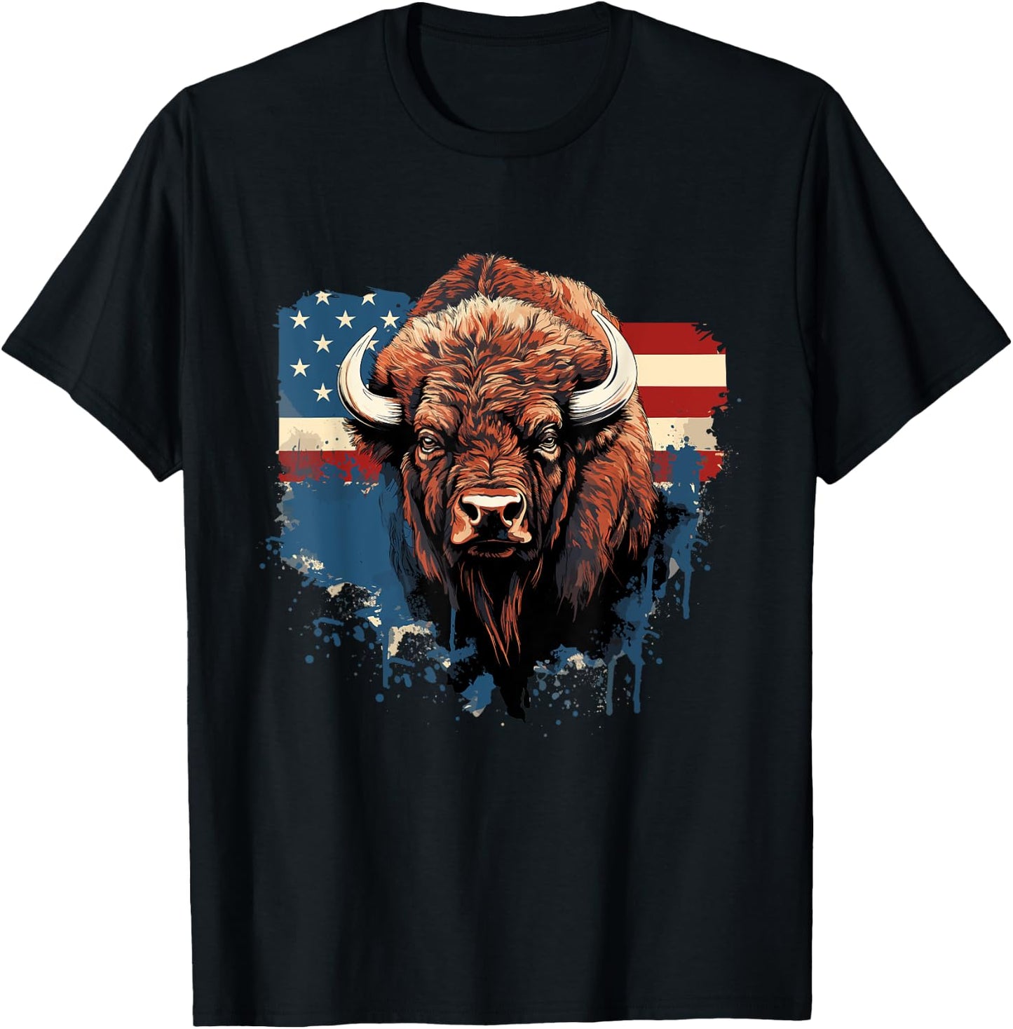 Vintage Bison American Flag Buffalo Animal Men Women Kids T-Shirt - T-Shirt | Black