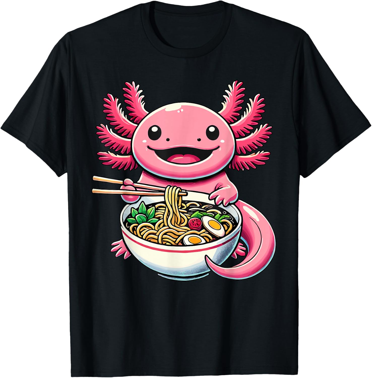 Kawaii Axolotl Eating Ramen Noodles Axolotl T-Shirt - T-Shirt | Black