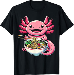 Kawaii Axolotl Eating Ramen Noodles Axolotl T-Shirt - T-Shirt | Black