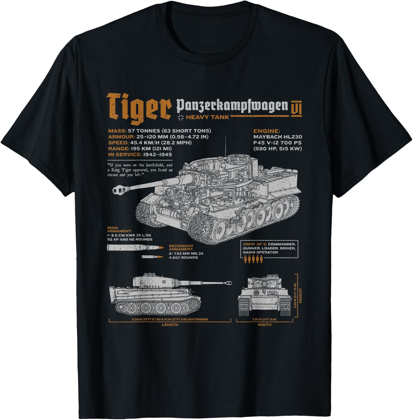 Tiger Tank Panzer PzKpfw VI World War 2 Blueprint T-Shirt - T-Shirt | Black