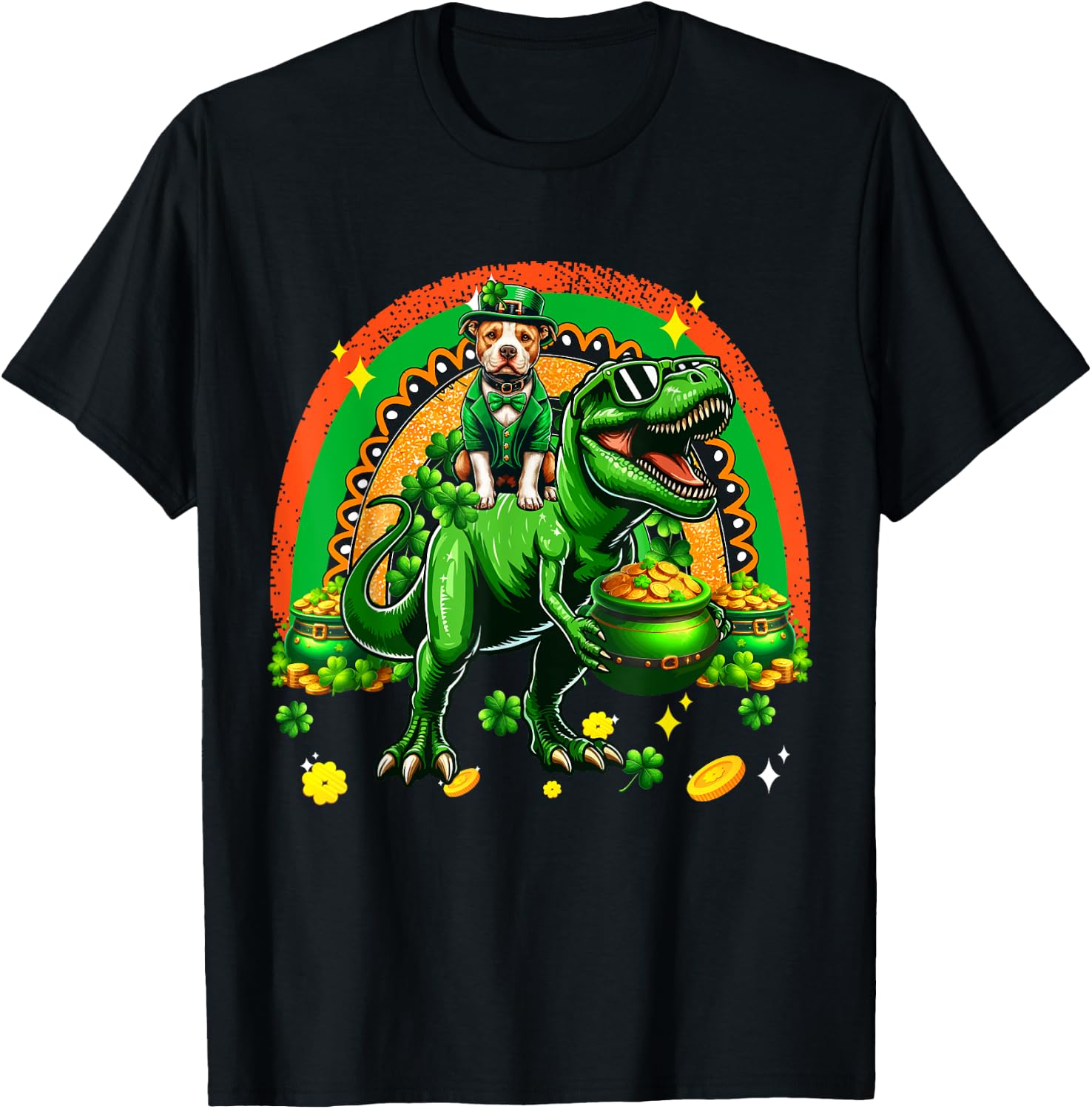 Patrick's Day Pit Bull Riding T-Rex Shamrocks Rainbow T-Shirt - T-Shirt | Black