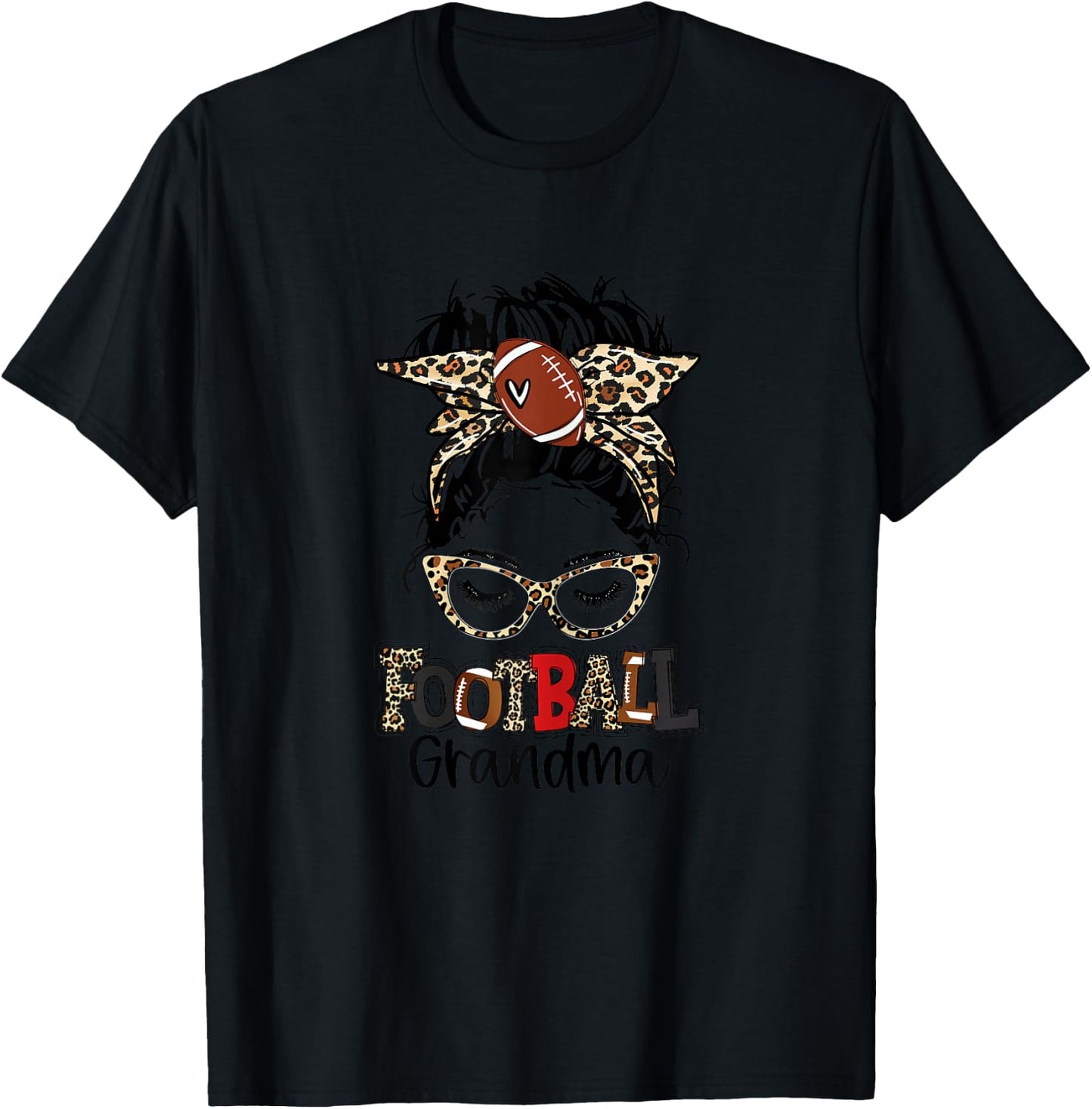 Leopard Messy Bun Football Grandma Game Day Mothers Day T-Shirt - T-Shirt | Black