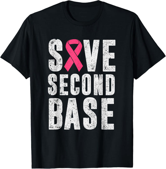 Funny Breast Cancer Awareness Month Save Second 2nd Base T-Shirt - T-Shirt | Black
