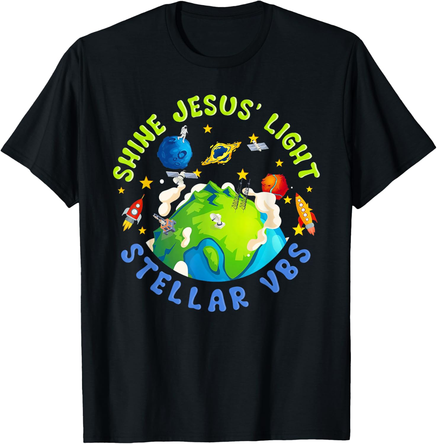 Shine Jesus Light Stellar VBS 2023 Astronaut Space Vacation T-Shirt - T-Shirt | Black