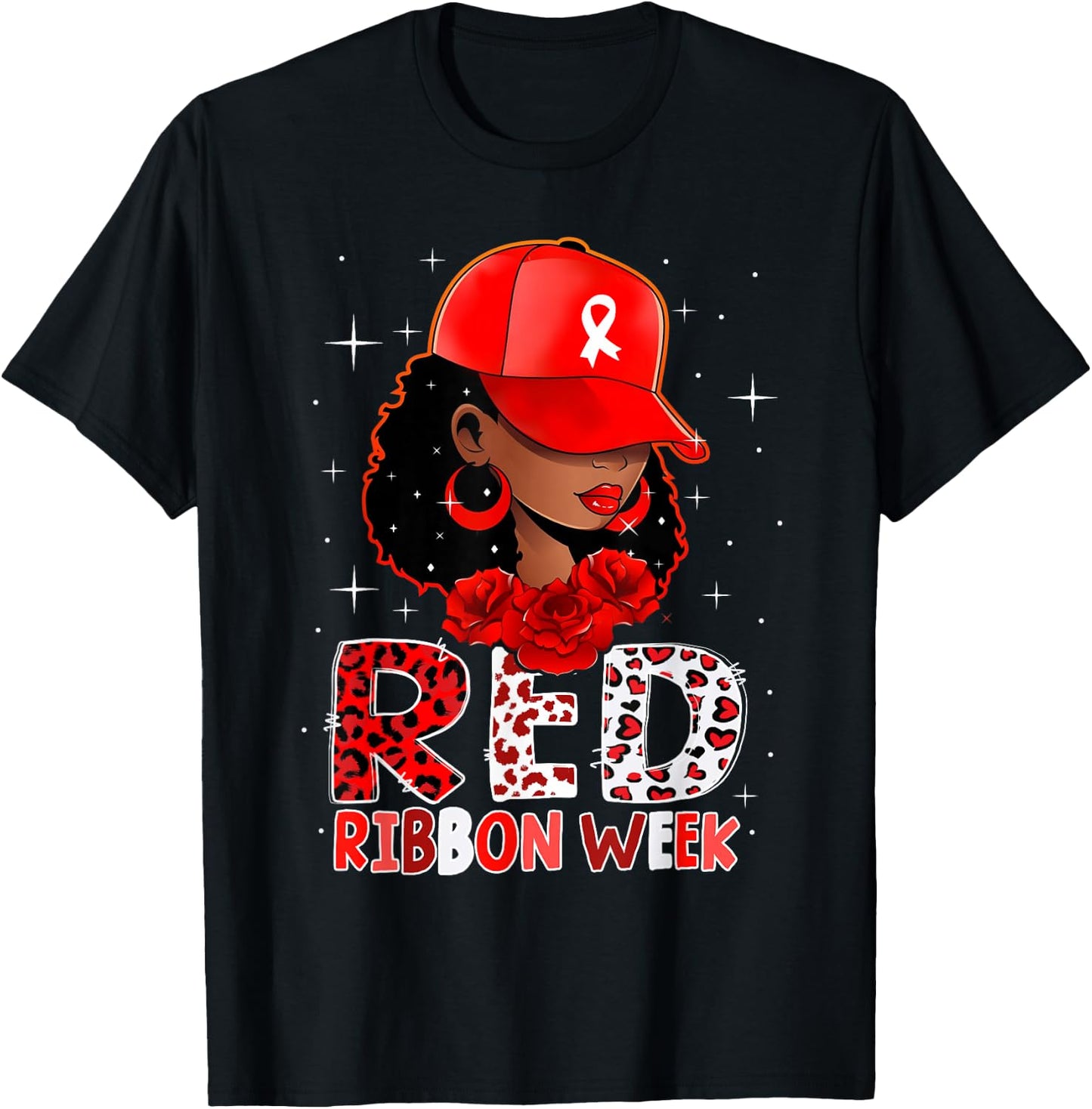 Black Girl Red Ribbon Week Leopard We Wear Red for Awareness T-Shirt - T-Shirt | Black