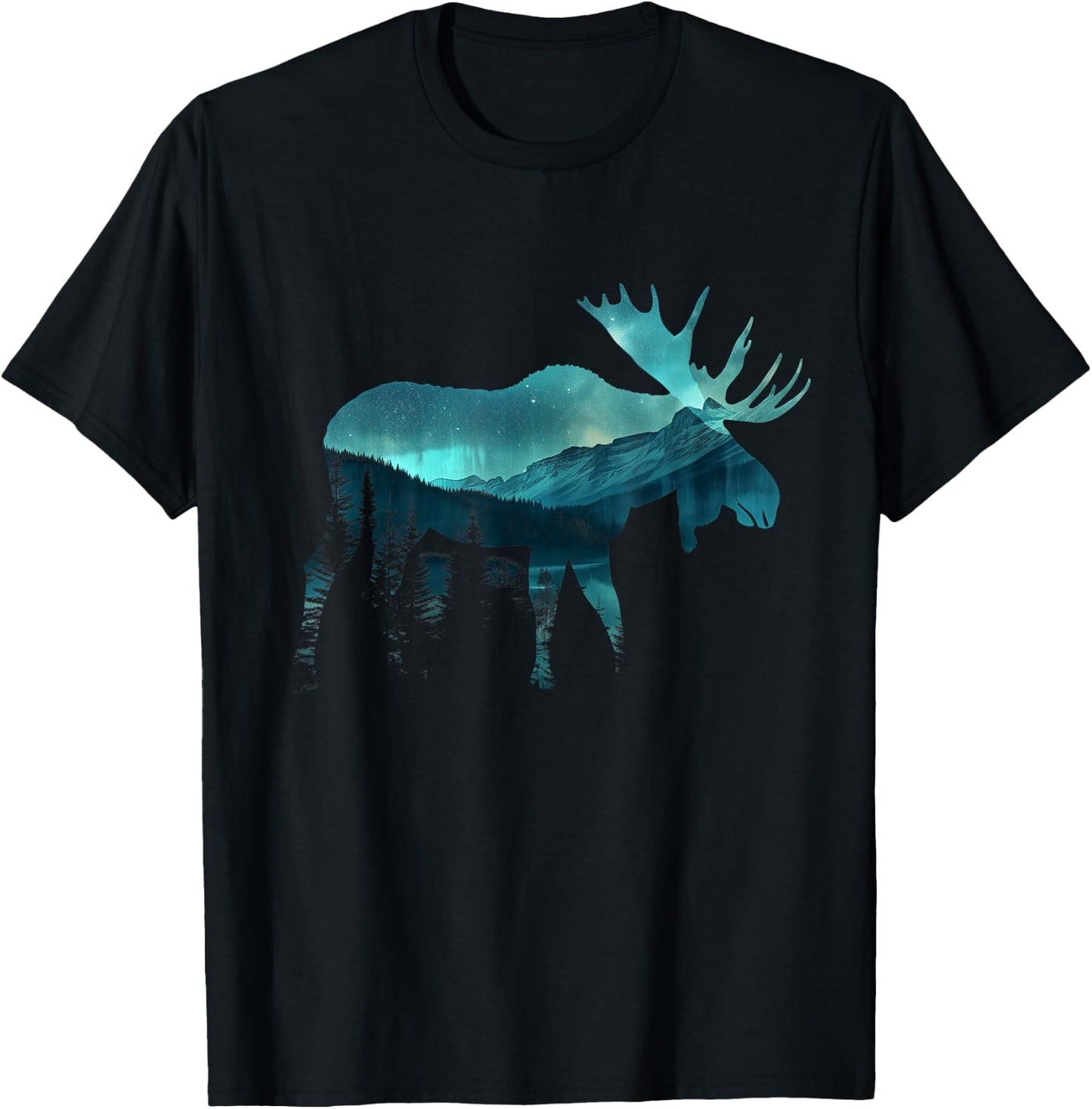 Moose Northern Light Winter Hiking Alaska Nature Lover T-Shirt - T-Shirt | Black