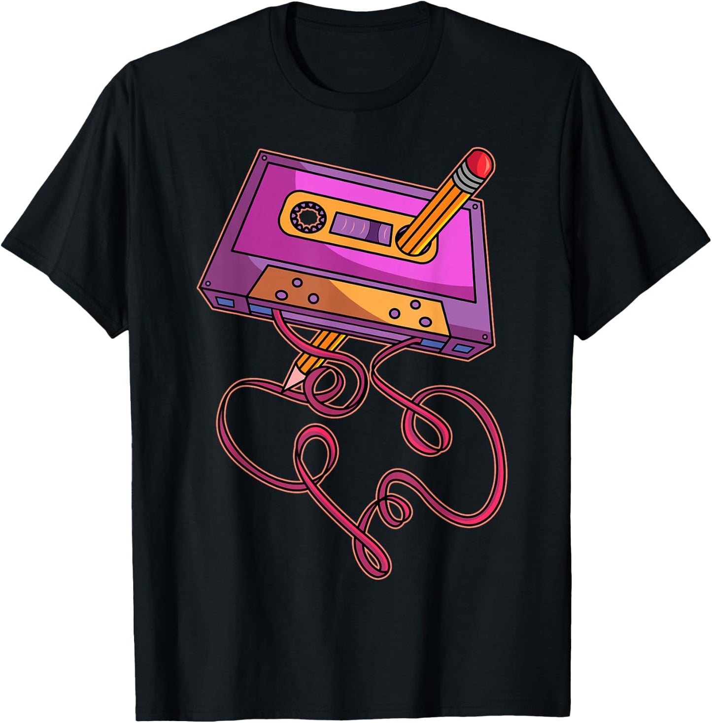 80s Cassette Tape Pencil 1980s Retro Vintage Throwback Music Short Sleeve T-Shirt - T-Shirt | Black