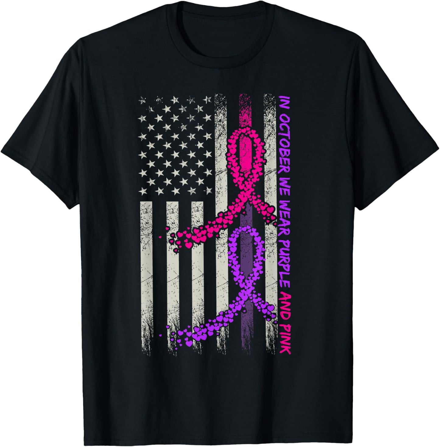 American Flag Breast Cancer and Domestic Violence Awareness T-Shirt - T-Shirt | Black