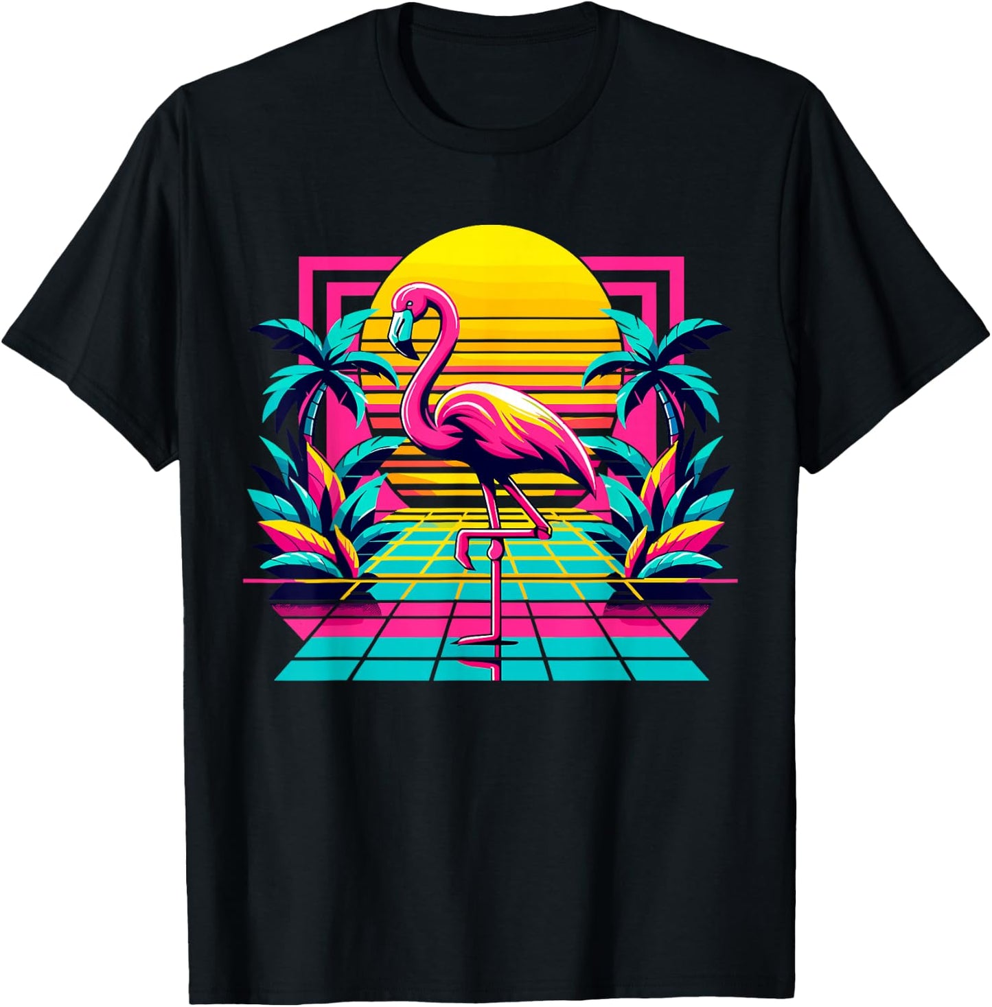 Pink Flamingo Palm Trees Tropical Summer T-Shirt - T-Shirt | Black