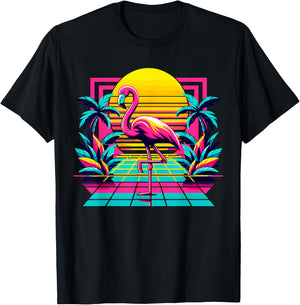 Pink Flamingo Palm Trees Tropical Summer T-Shirt - T-Shirt | Black