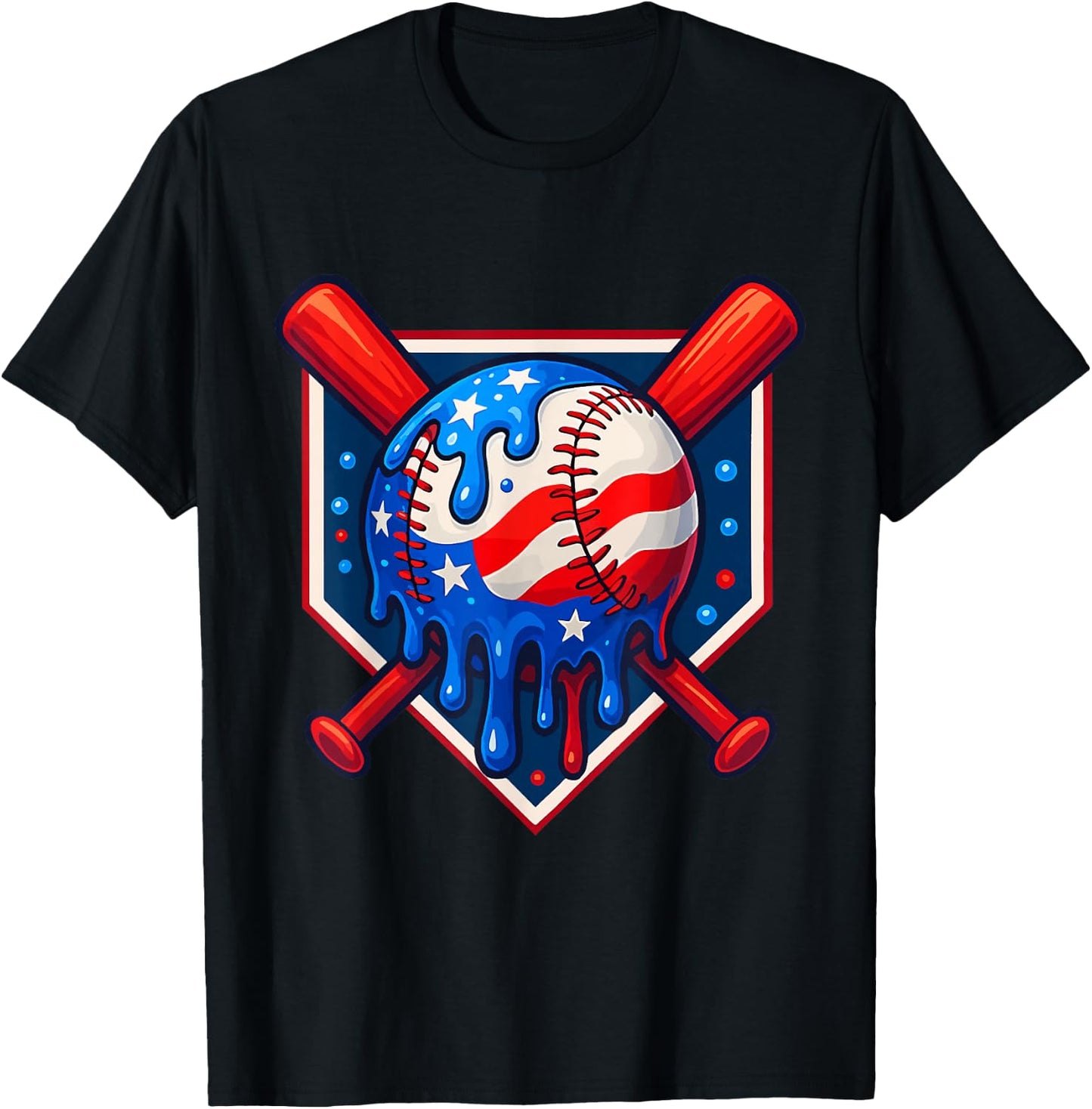 Funny America Baseball Drip Ice Cream 4th Of July US Flag T-Shirt - T-Shirt | Black