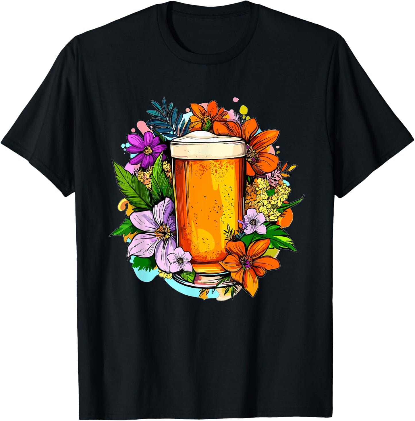 Craft Beer With Colorful Flowers Around T-Shirt - T-Shirt | Black