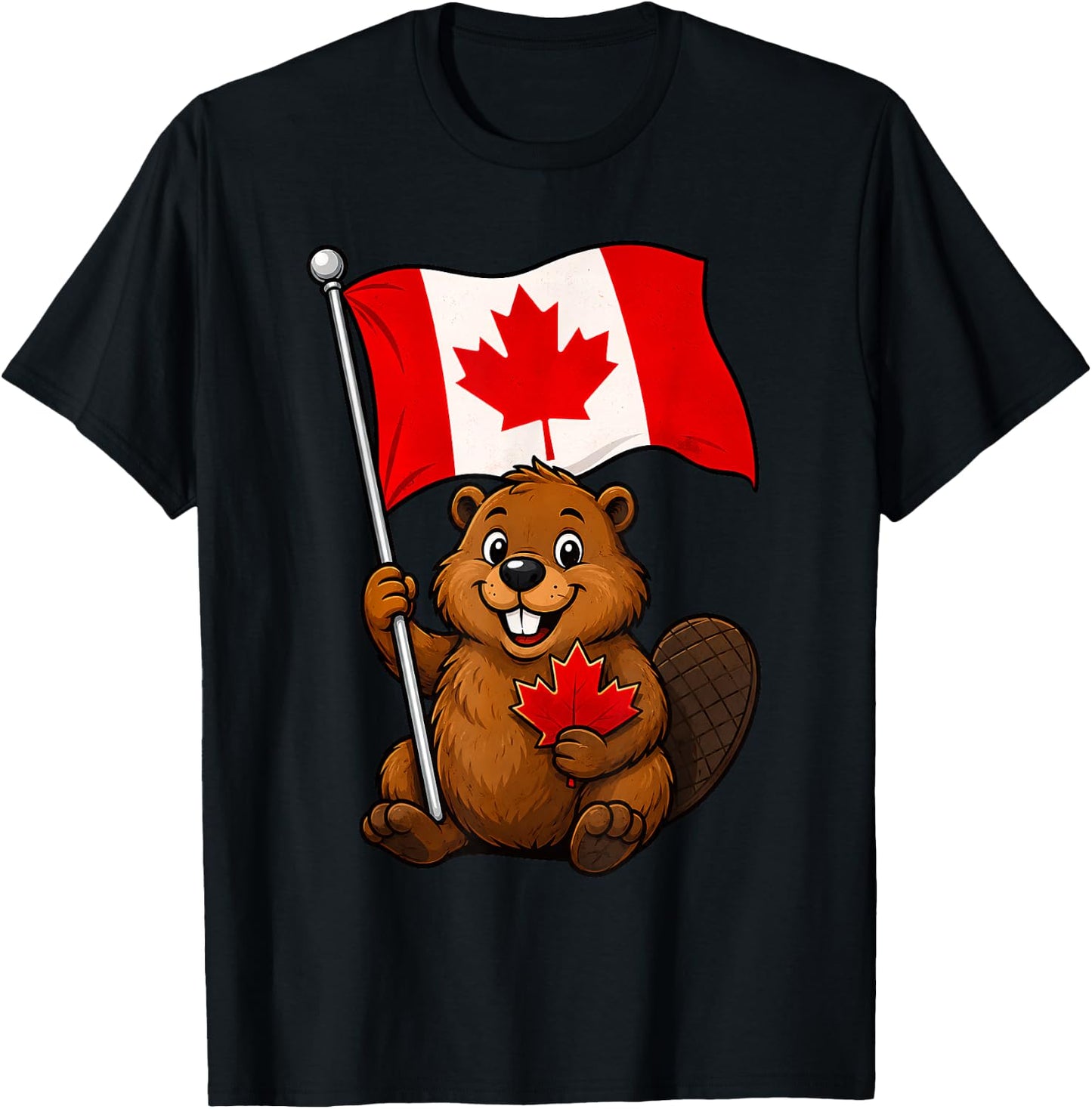 Cute Beaver Flag Patriotic Maple Leaf Canada Day Canadian T-Shirt - T-Shirt | Black