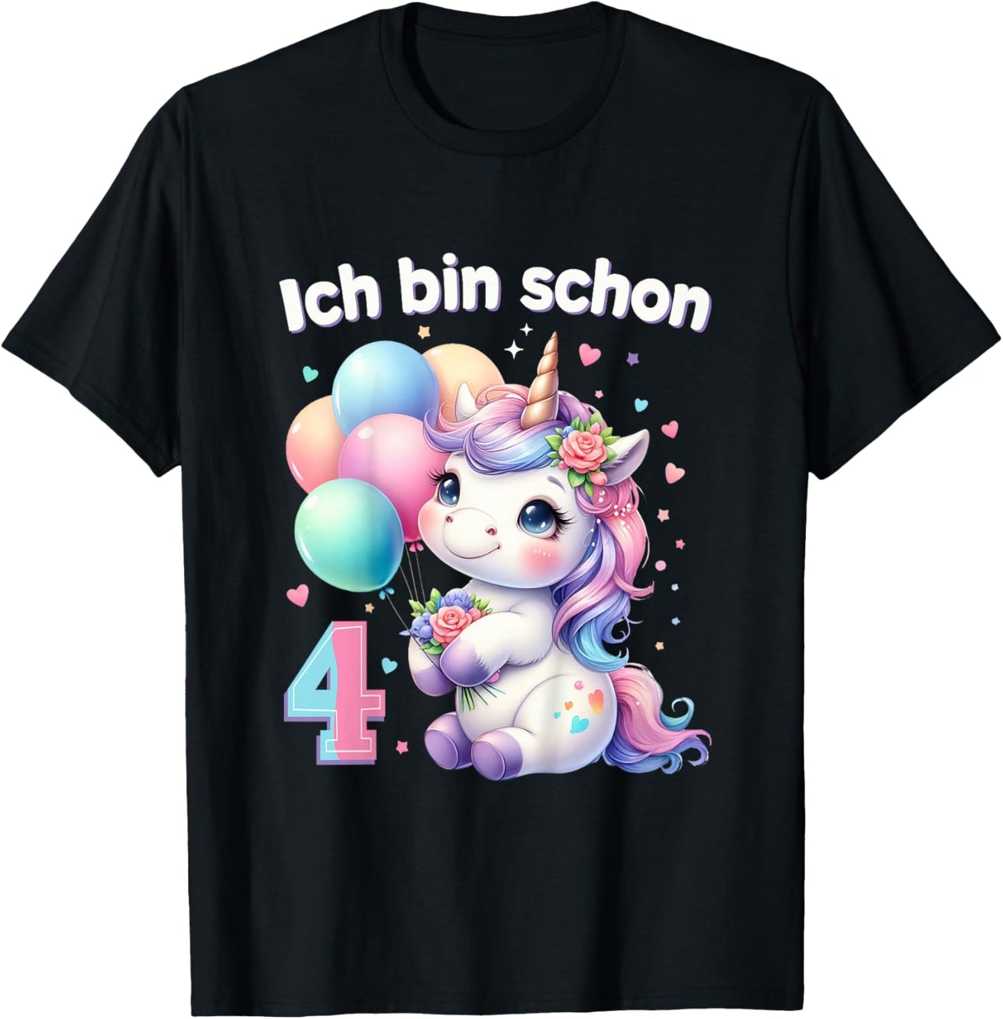Children's 4th Birthday Girl 4 Years Unicorn Party Outfit Unicorn , black T-Shirt - T-Shirt | Black
