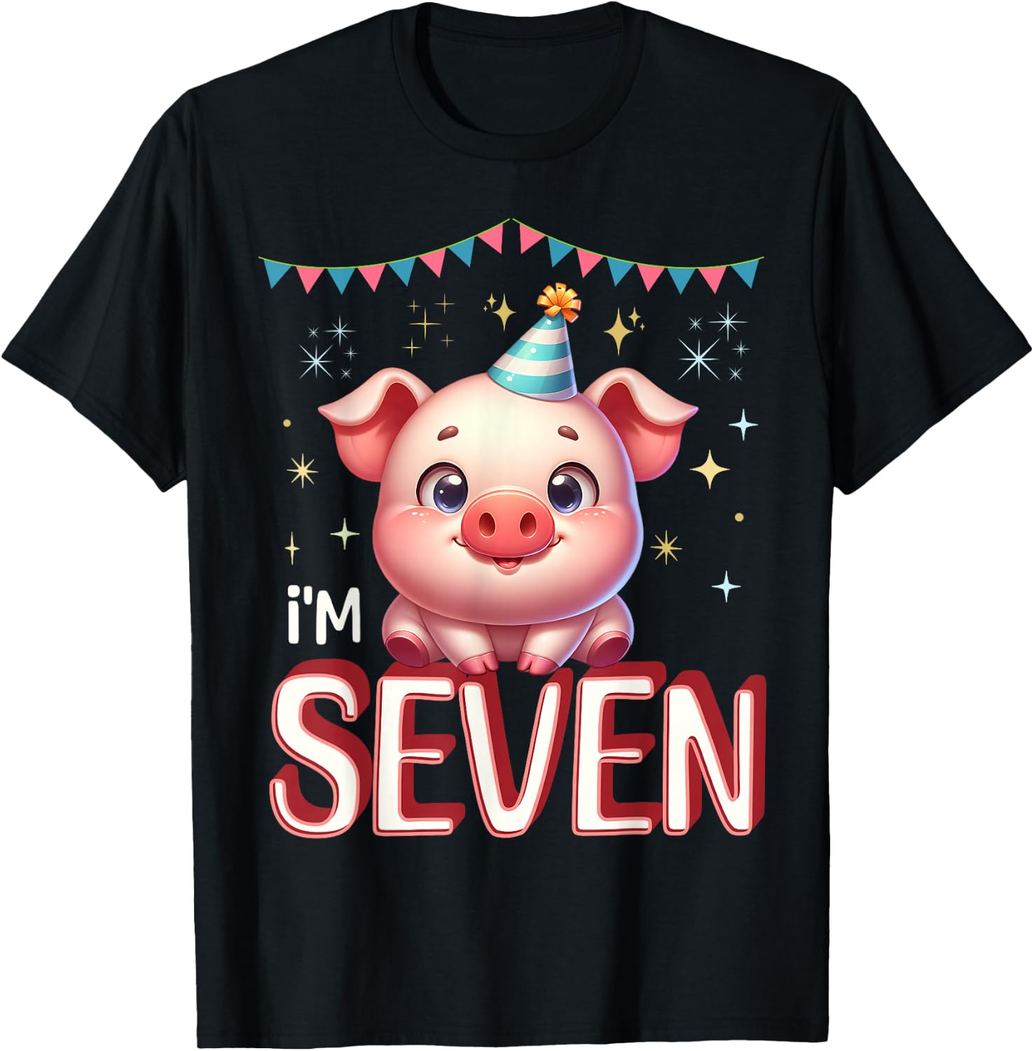 I'm Seven Cute Pig 7 Year old 7th Birthday T-Shirt - T-Shirt | Black