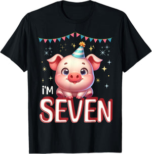 I'm Seven Cute Pig 7 Year old 7th Birthday T-Shirt - T-Shirt | Black