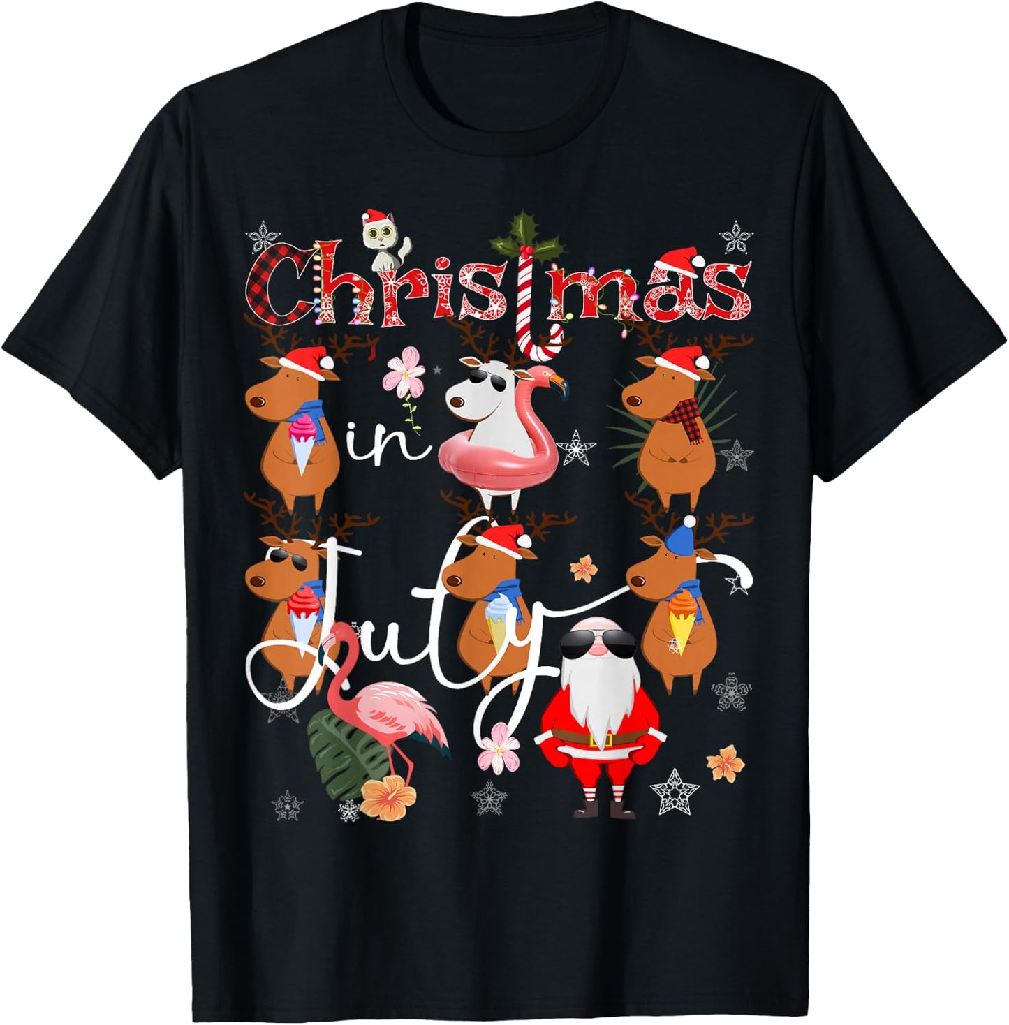 Christmas in July Funny Santa Reindeer Flamingos Summer T-Shirt - T-Shirt | Black