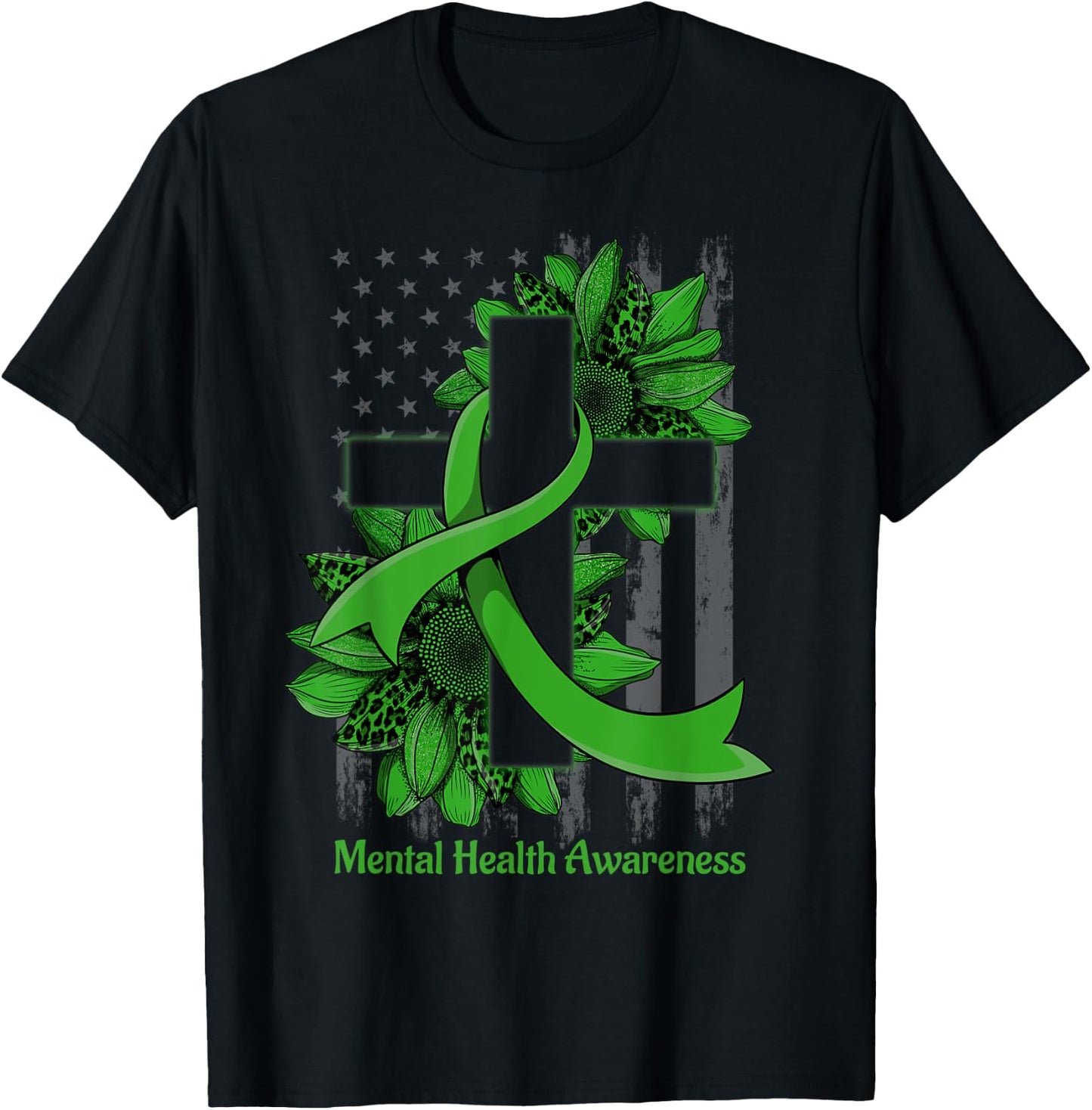 Green Sunflower Christian Cross Mental Health Awareness T-Shirt - T-Shirt | Black