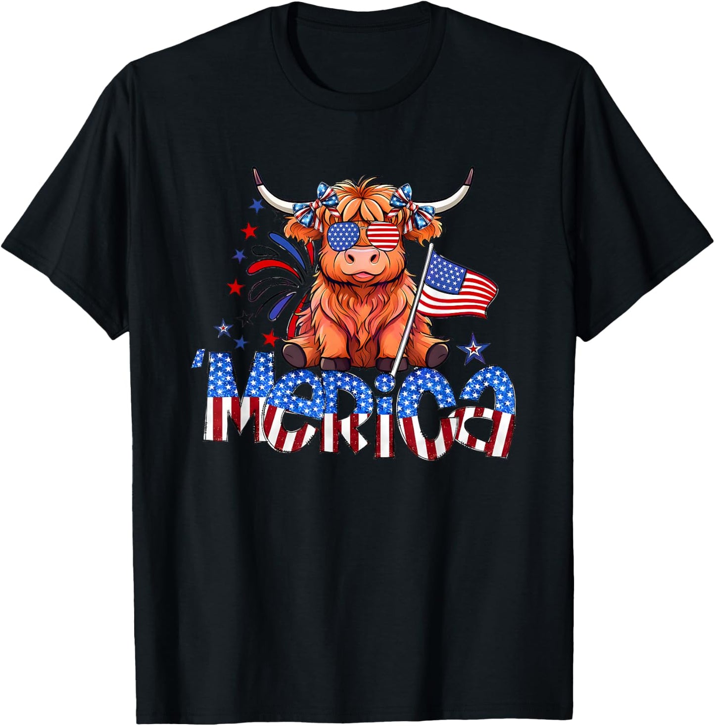 Retro Merica 4th Of July Highland Cow Women Men T-Shirt - T-Shirt | Black
