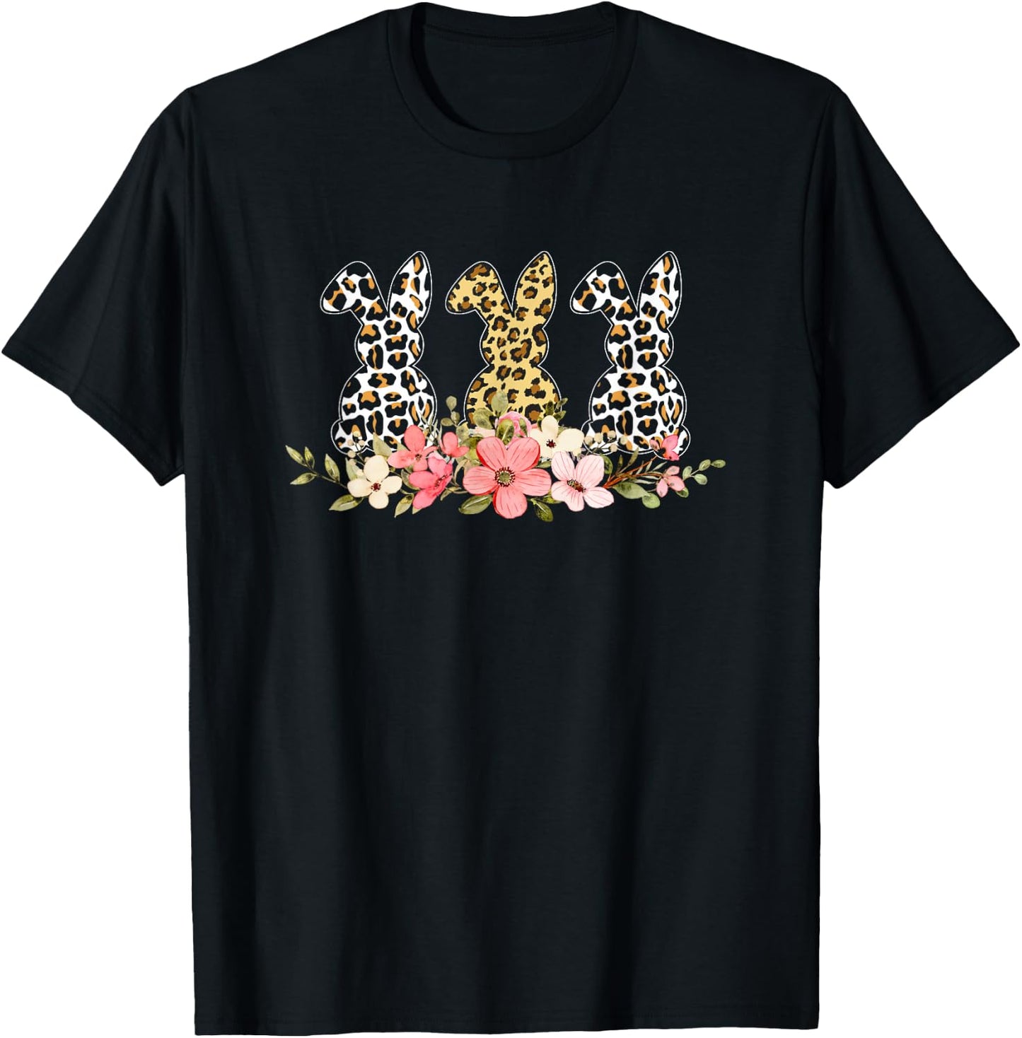 Cute Floral Easter Bunny Leopard Print for Rabbit Lovers T-Shirt - T-Shirt | Black