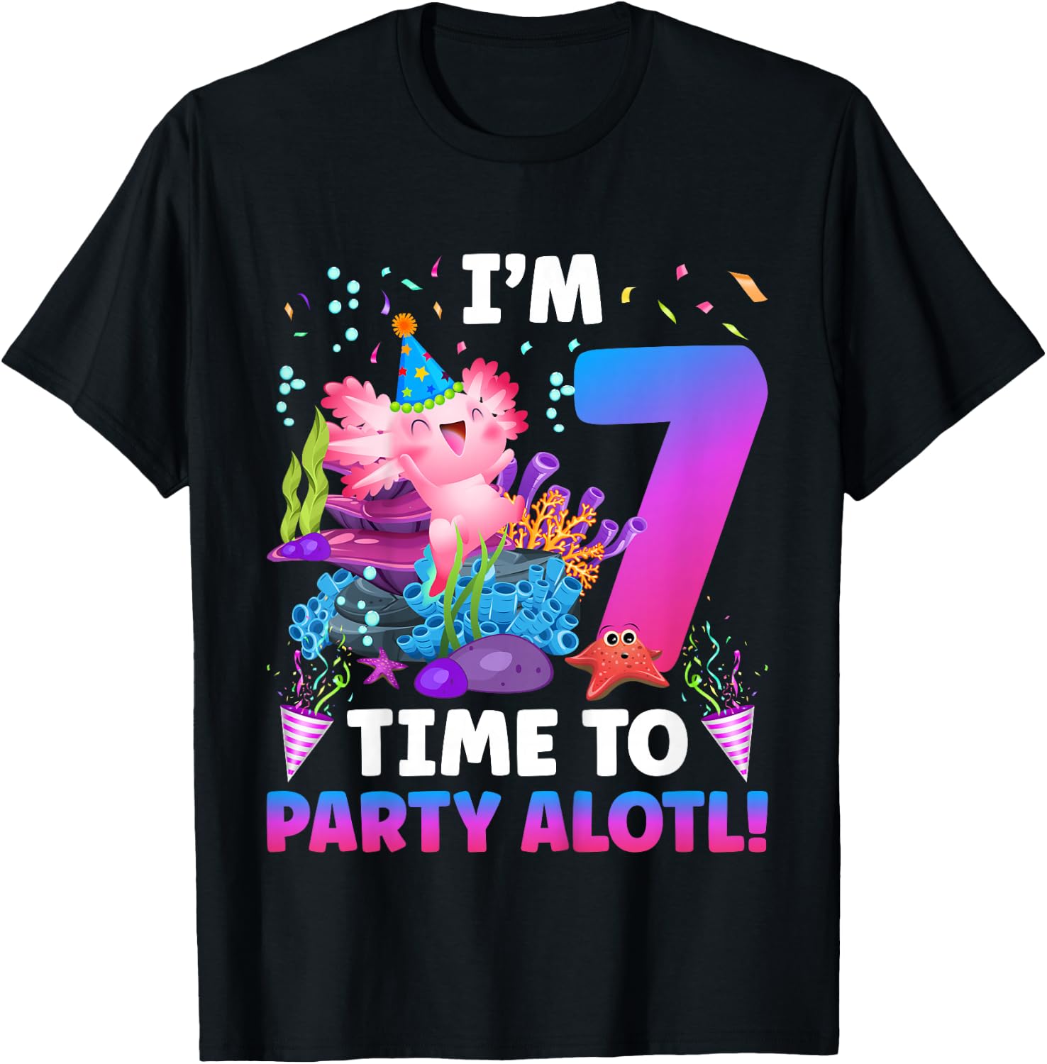 Kids 7th Axolotl Birthday Seven Year Old Axolotl Birthday Party T-Shirt - T-Shirt | Black