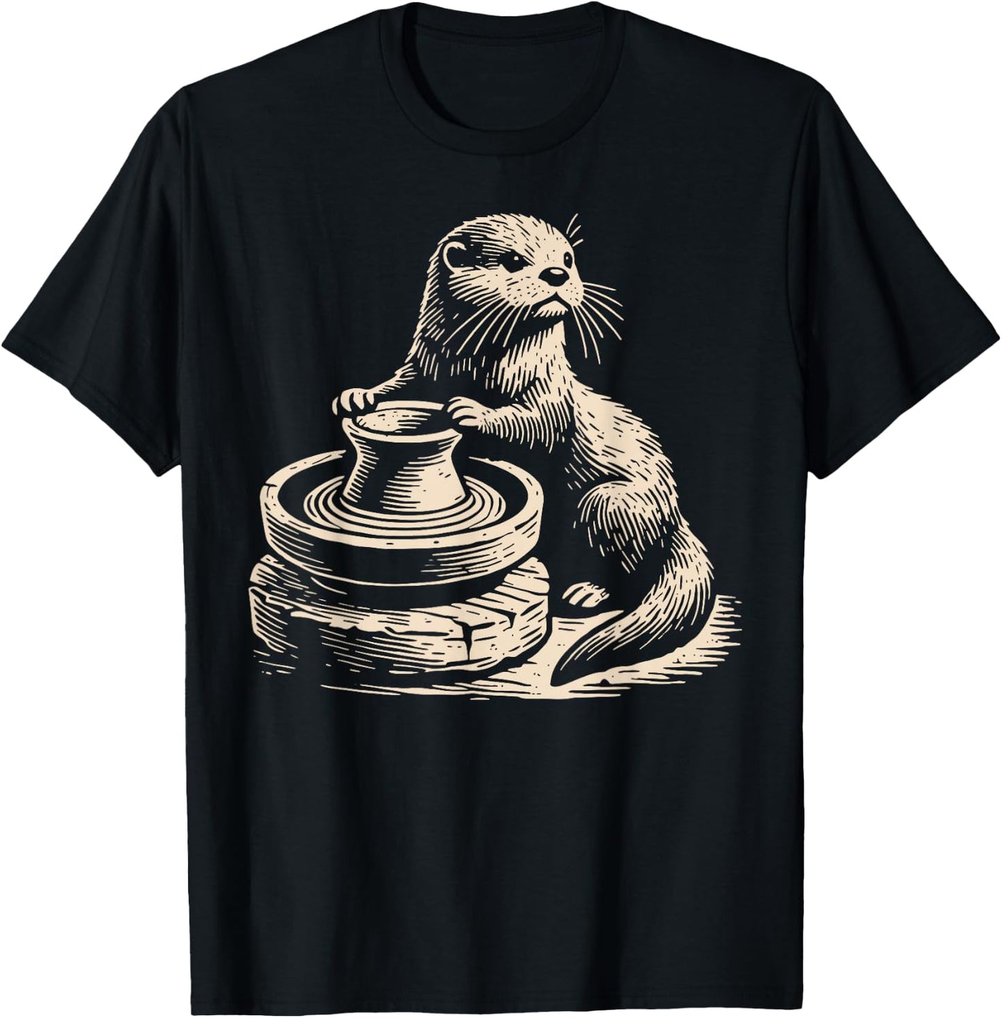 Retro Cute Otter At Pottery Wheel Throwing Ceramic Artist T-Shirt - T-Shirt | Black