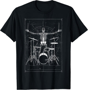 Vitruvian Skeleton Drummer Heavy Metal Drum Da Vinci Mashup T-Shirt - T-Shirt | Black