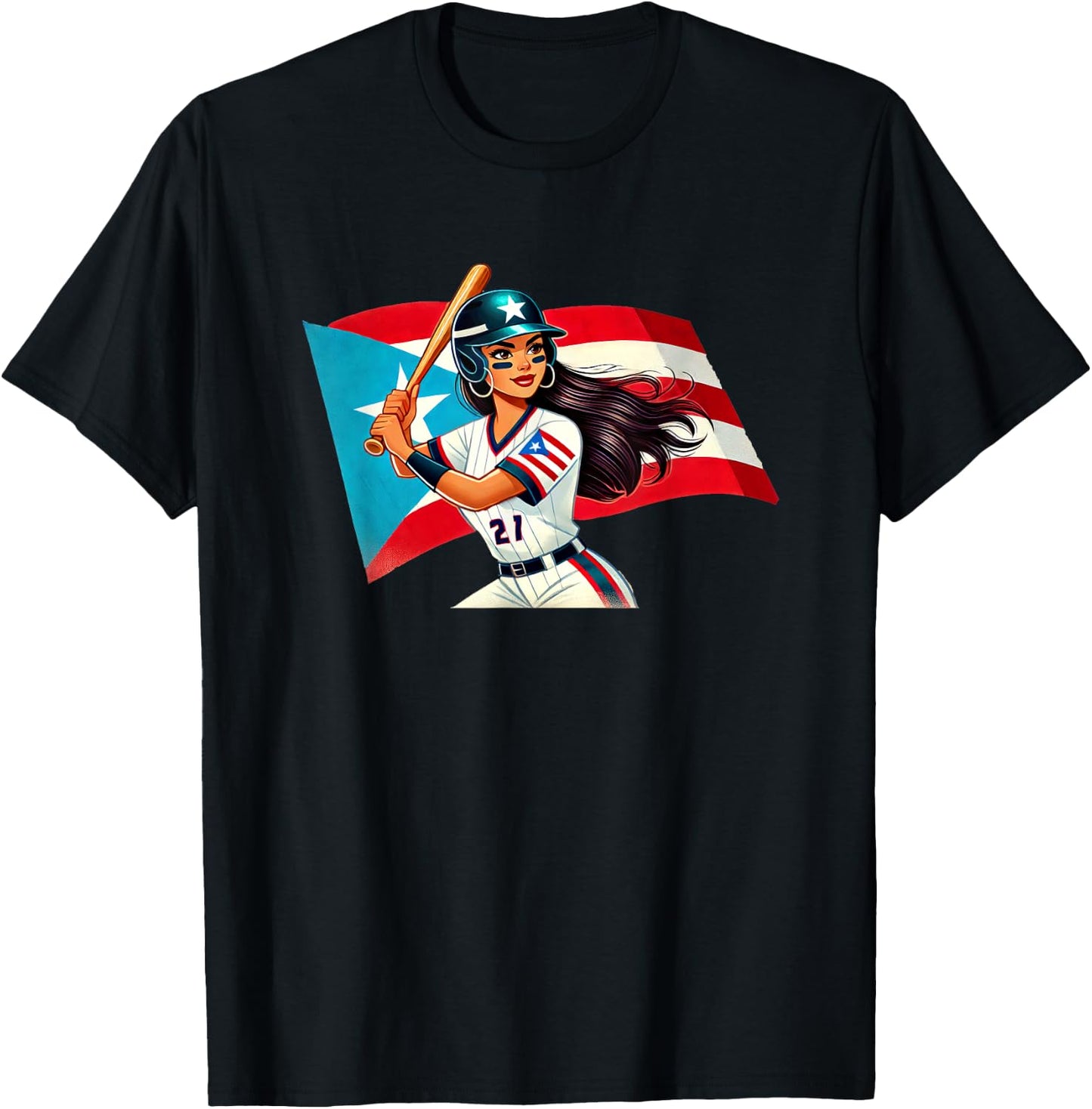 Puerto Rico Softball Baseball Boricua Flag Bat Helmet T-Shirt - T-Shirt | Black