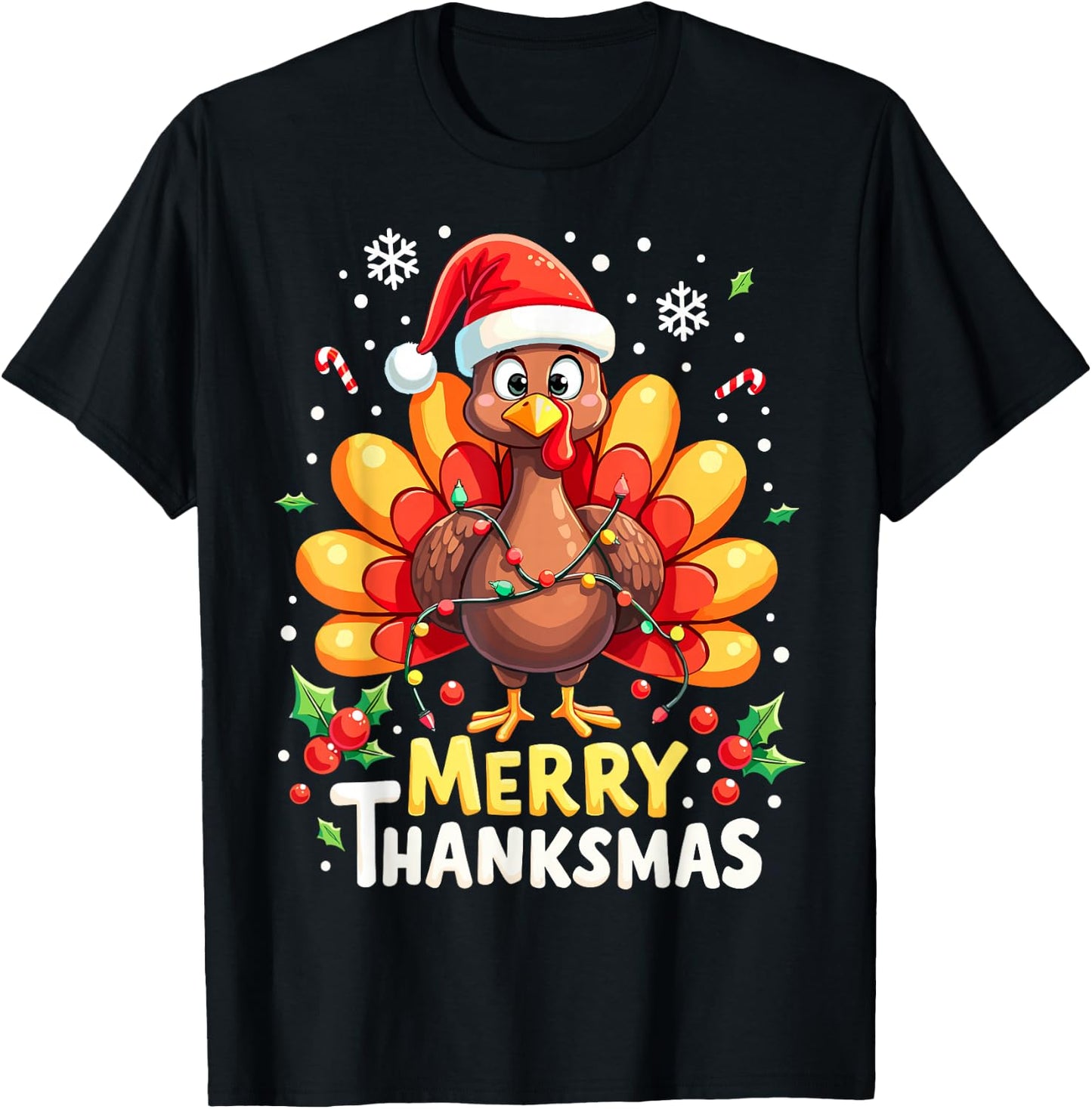 Turkey Santa Happy Merry Thanksmas Thanksgiving Christmas T-Shirt - T-Shirt | Black