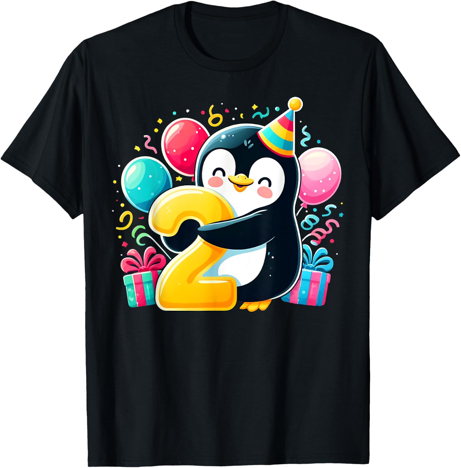 Bday second Boys, Girls, Kids age two 2nd birthday Penguin T-Shirt - T-Shirt | Black