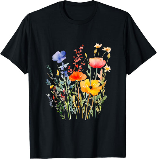 Wildflower Summer Flowers Floral Graphic Shirts Damen Schwarz Kurzarm Klein EU S T-Shirt - T-Shirt | Black